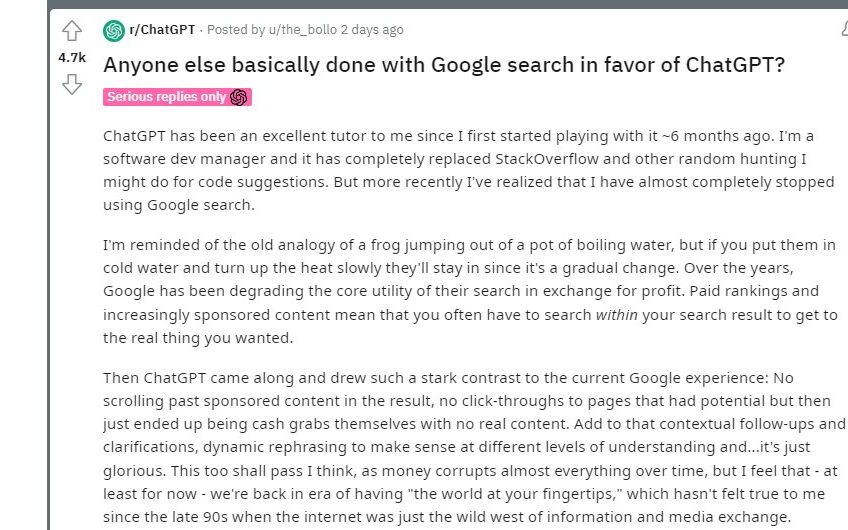 Reddit user quote describing their switch to ChatGPT over Google